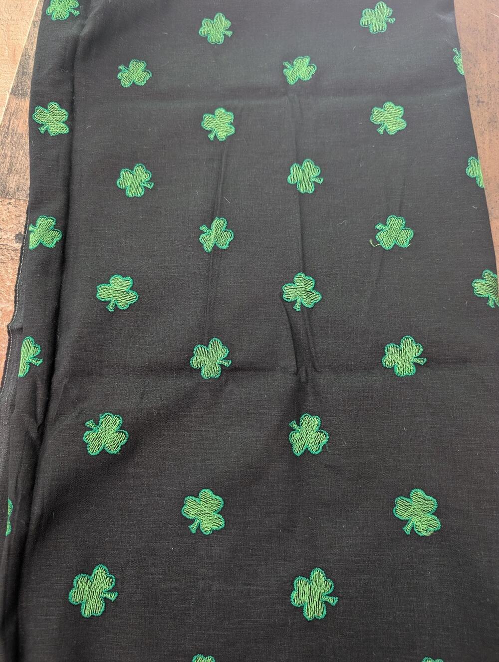 Vintage Shamrock Embroidered Black Fabric Remnant St Patricks Day 48x52
